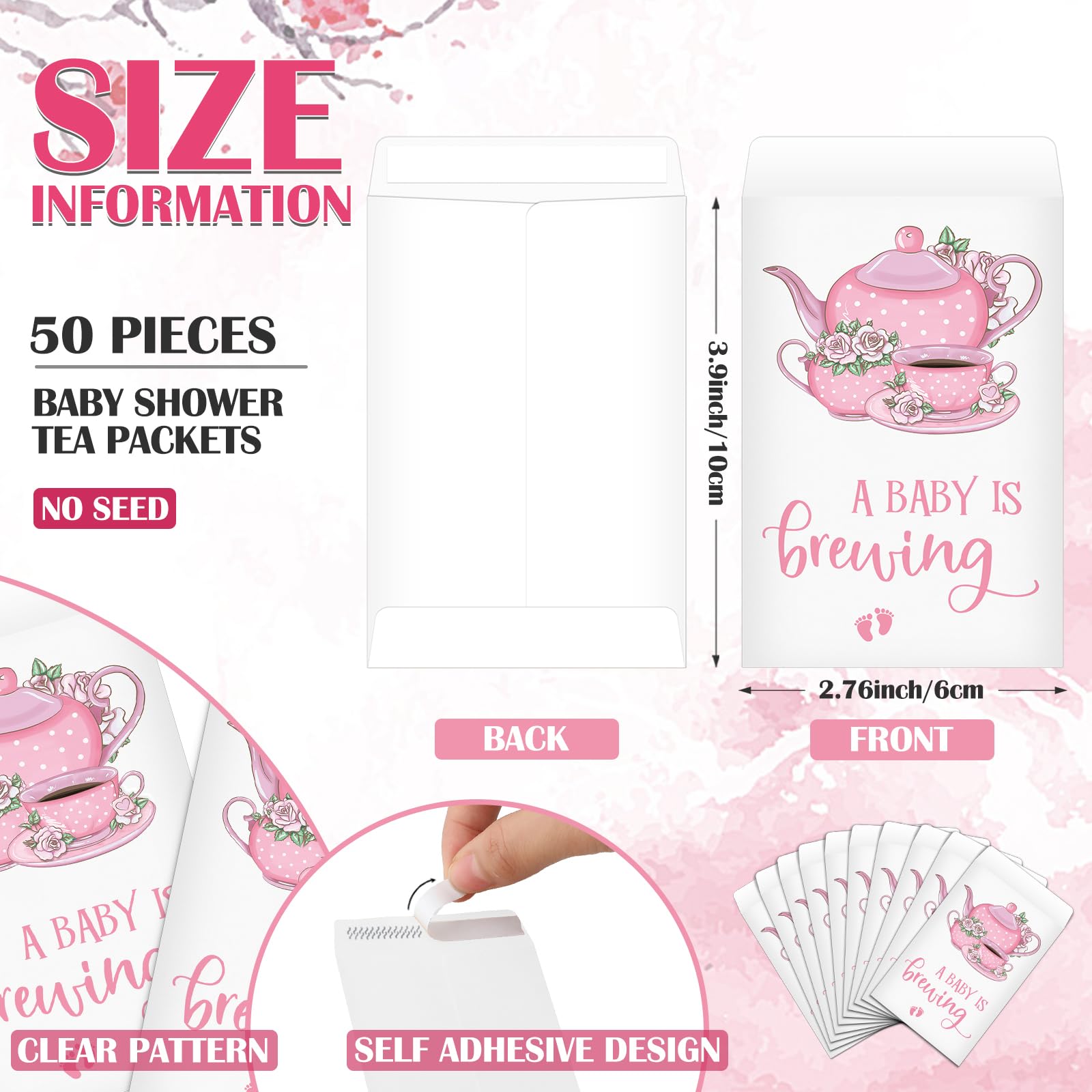 Spakon 50 Sets Baby Shower Tea Party Favors Baby Party Gift Include a Baby Is Brewing Tea Bags Baby Brew Bag Thank You Cards and Organza Bags Baby Shower Favors for Guests Gender Reveal, No Tea (Pink)