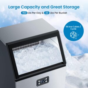 Zstar Commercial Ice Maker Machine, 160LBS/24H Under Counter Ice Maker with 33LBS Ice Storage & Ice Scoop, Self-Cleaning, Stainless Steel Freestanding Ice Machine for Commercial Restaurant, Home, Bars