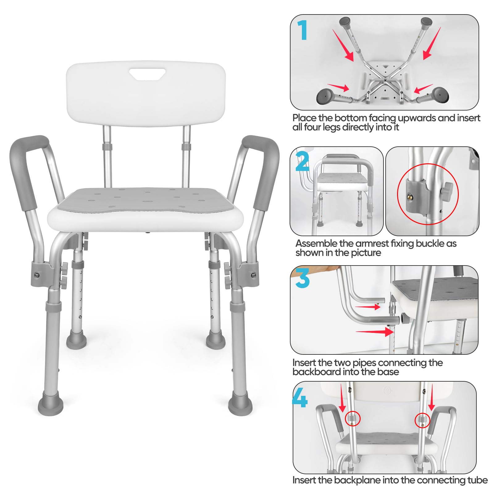 2024 New Shower Chair with Arms and Back,6 Levels Height Adjustable Shower Chair for Elderly and Disabled,Tool-Free Shower Seat for Bathtub,Shower Bath Chair for Elderly/Disabled