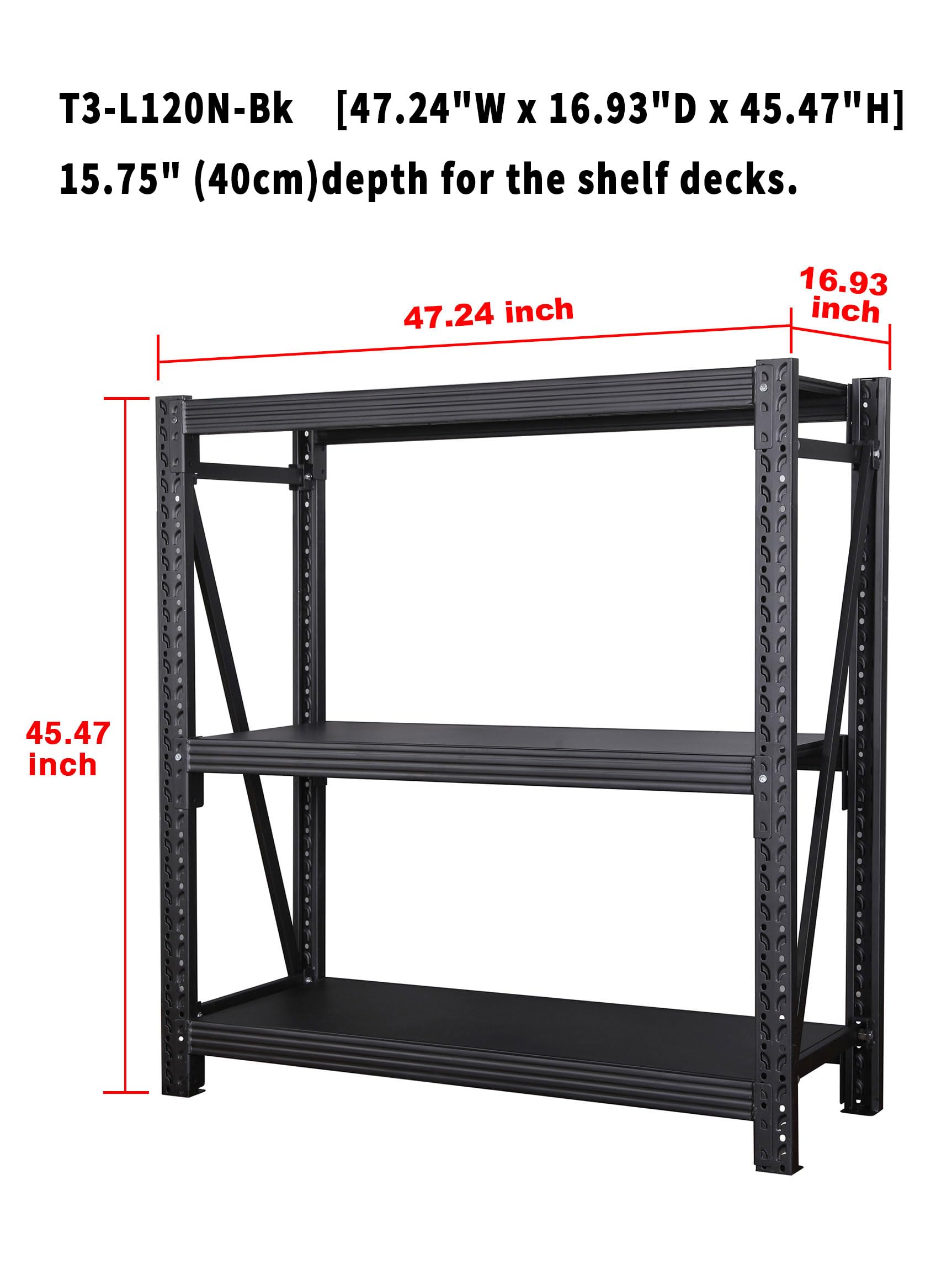 BIBKOK Garage Shelving Rack,3-Tier Industrial Shelving,Adjustable Warehouse Storage Rack,Heavy Duty Workshop Shelf for Basement Supermarket(N120,Black)