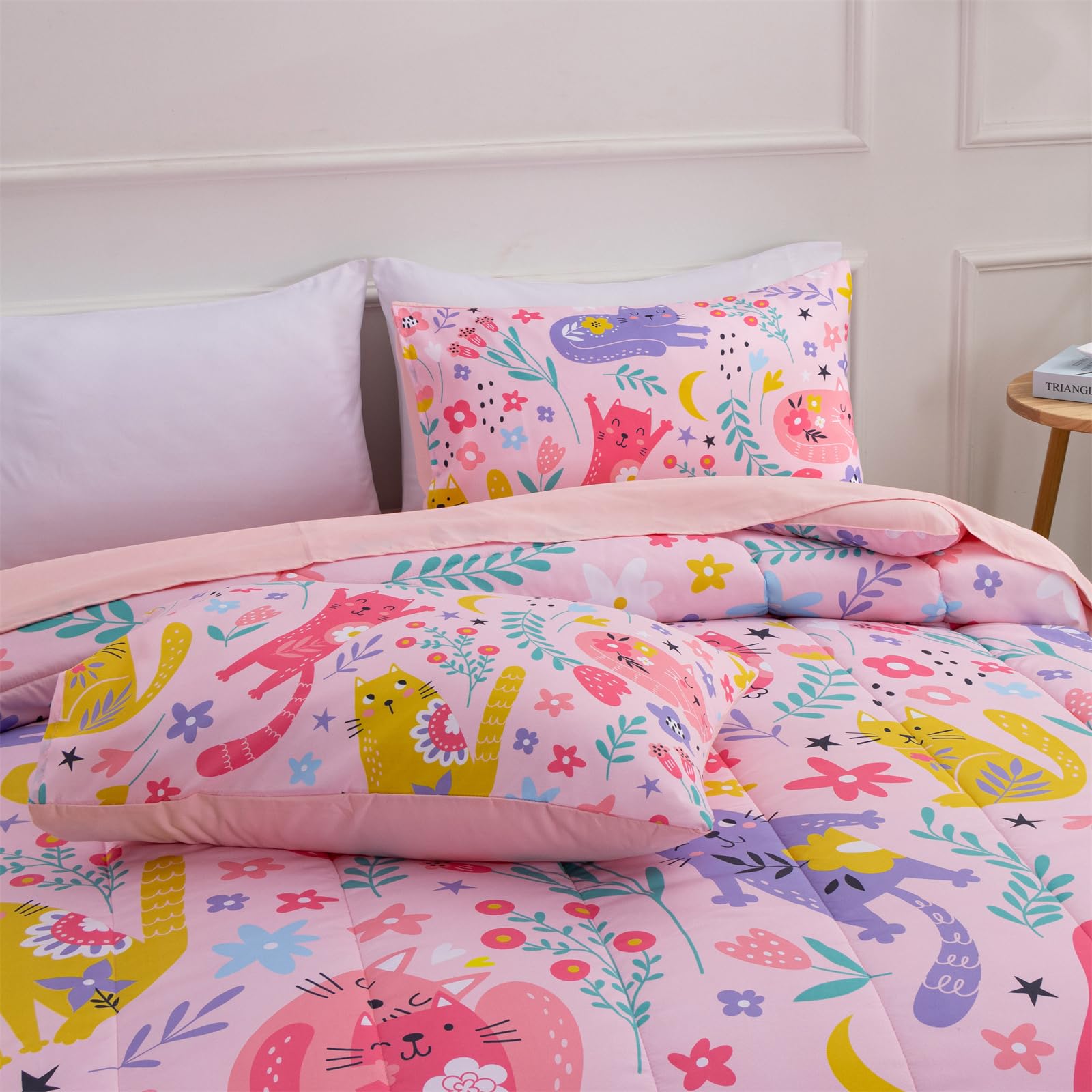 A Nice Night - for Kids Boys Floral Cats Printed on Pink Bedding Set,5Pcs Bed in A Bag Twin Size Comforter Set, Ultra Soft with Pillowcase (Pink)