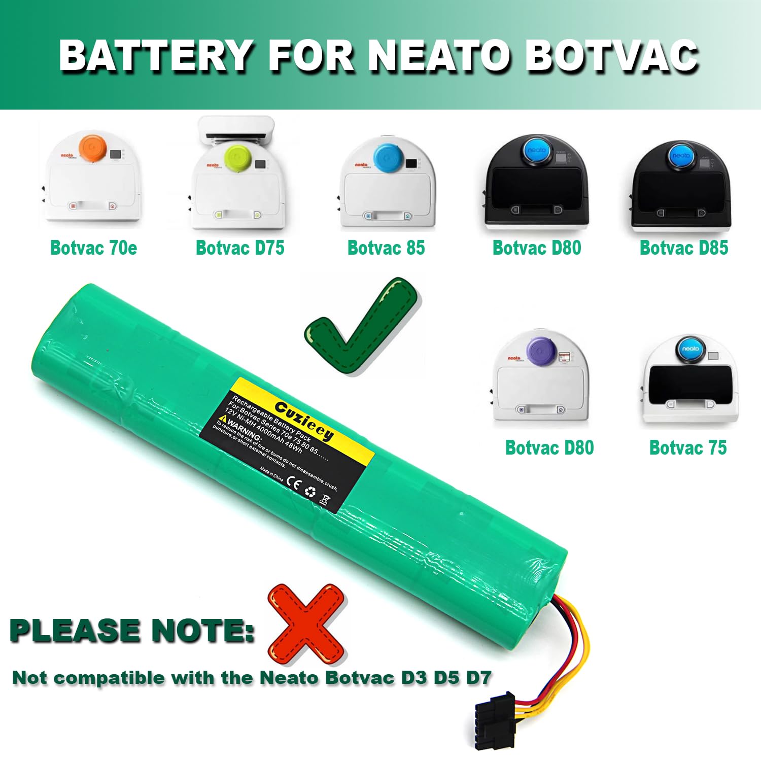 Cuzieey Battery for Neato Botvac D Series: Replacement Battery for Neato Robot Vacuum D80 D85 D75 70e 75 80 85 - Ni-Mh Battery for Neato 945-0129 945-0174 12V 4000mAh (D75)