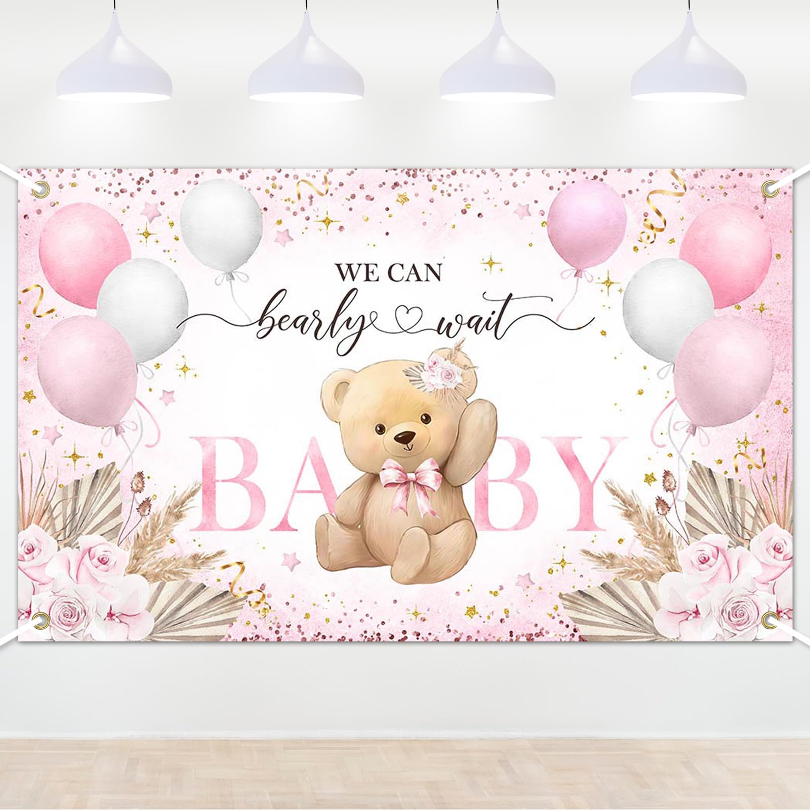 Lecheme Pink Bear Baby Shower Backdrop 6x4ft We Can Bearly Wait Baby Shower Backdrop for Girl Baby Shower Banner Girl Baby Shower Decorations Photo Booth Props