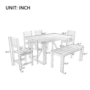 RuiSiSi 6 Piece Outdoor Dining Table Set with 4 Chairs and 1 Bench, Acacia Wood Outdoor Table and Chairs Set for 6 Persons, All Weather Patio Dining Table Set for Balcony, Backyard, Garden, Natural