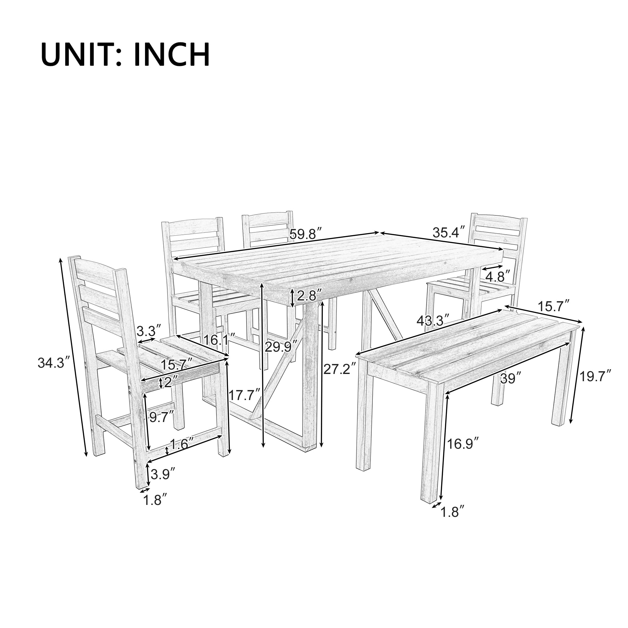 RuiSiSi 6 Piece Outdoor Dining Table Set with 4 Chairs and 1 Bench, Acacia Wood Outdoor Table and Chairs Set for 6 Persons, All Weather Patio Dining Table Set for Balcony, Backyard, Garden, Natural