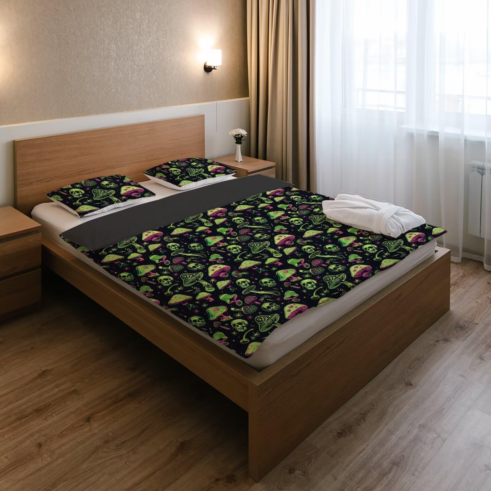 Twousenru Mushroom Duvet Cover Set Queen Size Green Trippy Mushrooms Comforter Cover with Skulls Print Home Bedding Quilt Cover 3 Pieces with 2 Pillowcases