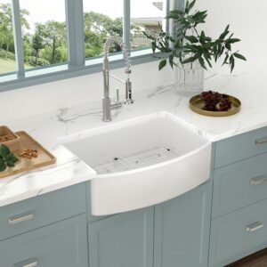 Lordear 30 White Farm Sink 30 inch Farmhouse Sink White Fireclay Ceramic Porcelain Curved Apron Front Single Bowl Farm Kitchen Sink Basin