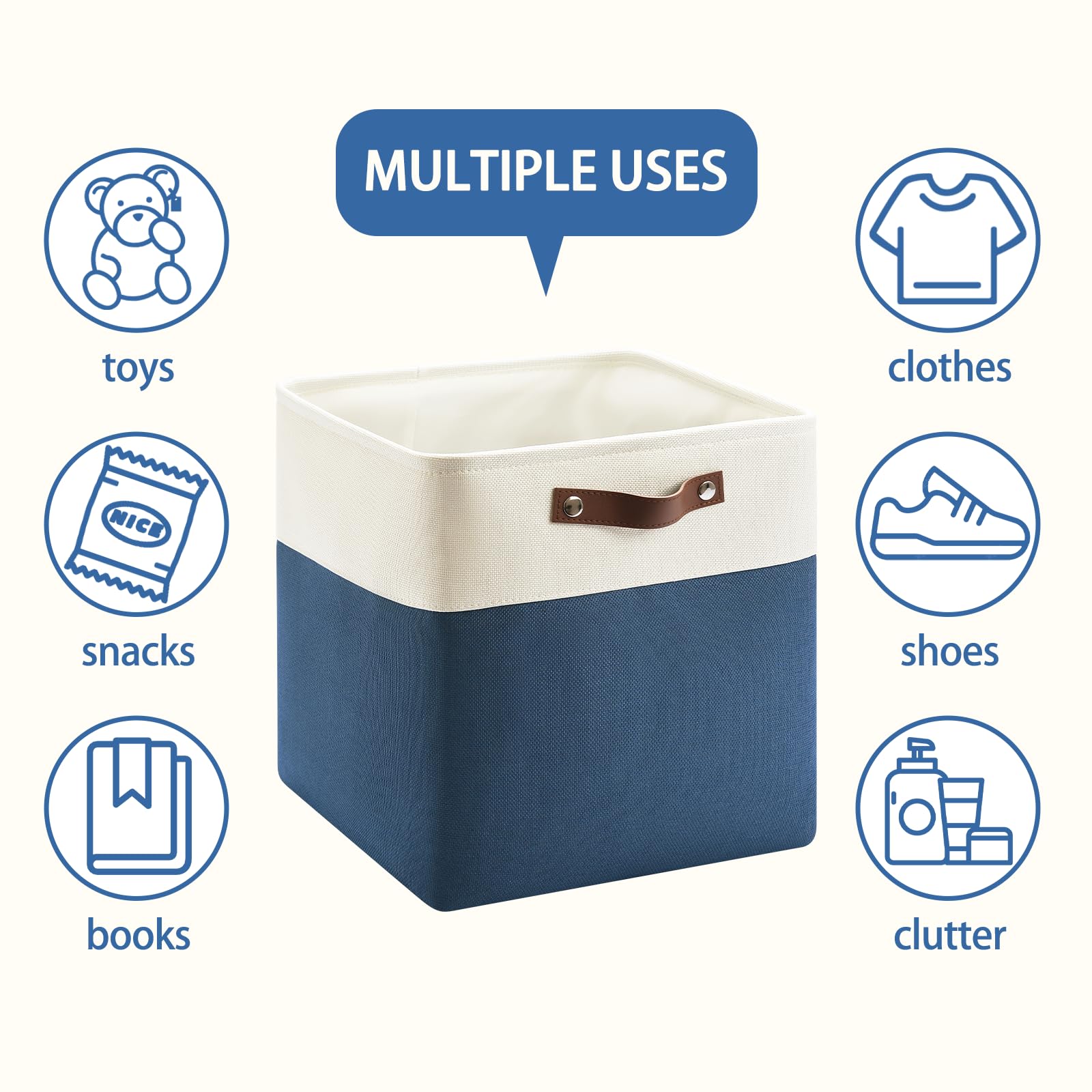 Patvingot 13 Inch Cube Storage Bins,Set of 4 , Foldable Storage Basket with PU Handles for Organizing Home, Closet,Clothes, Toy, Book,Laundry,Office, Organizers for Shelves (White&Blue)