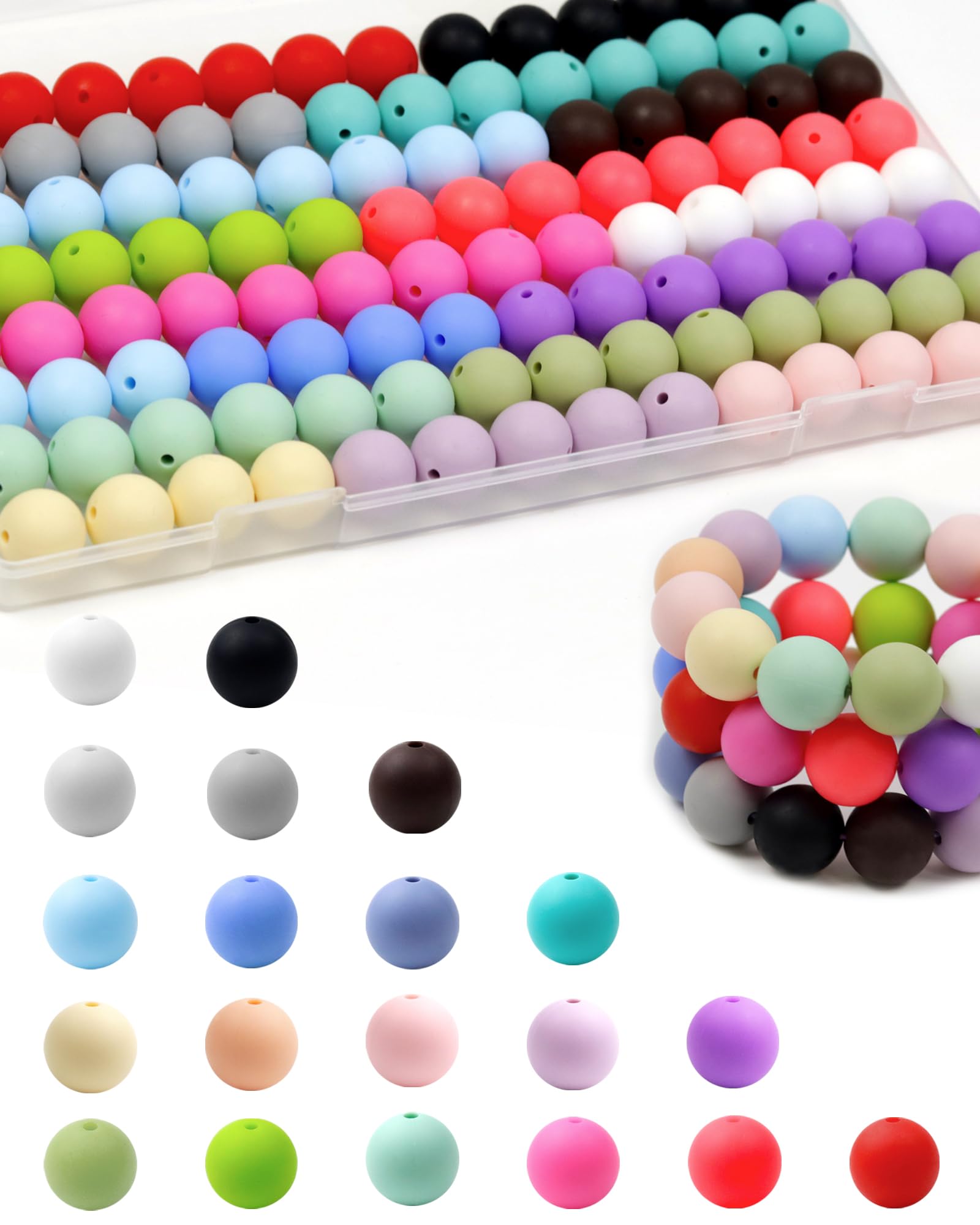 120PCS FIVEIZERO Silicone Beads, 20 Colors 14,15mm Silicone Beads Focal Beads Rubber Round Beads Mixed Color Silicone Beads Bulk for DIY and Keychain Accessories Silicone Beads Crafts Making