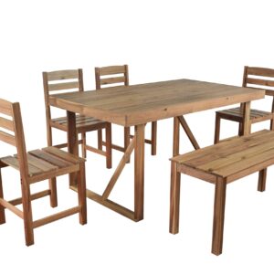 RuiSiSi 6 Piece Outdoor Dining Table Set with 4 Chairs and 1 Bench, Acacia Wood Outdoor Table and Chairs Set for 6 Persons, All Weather Patio Dining Table Set for Balcony, Backyard, Garden, Natural