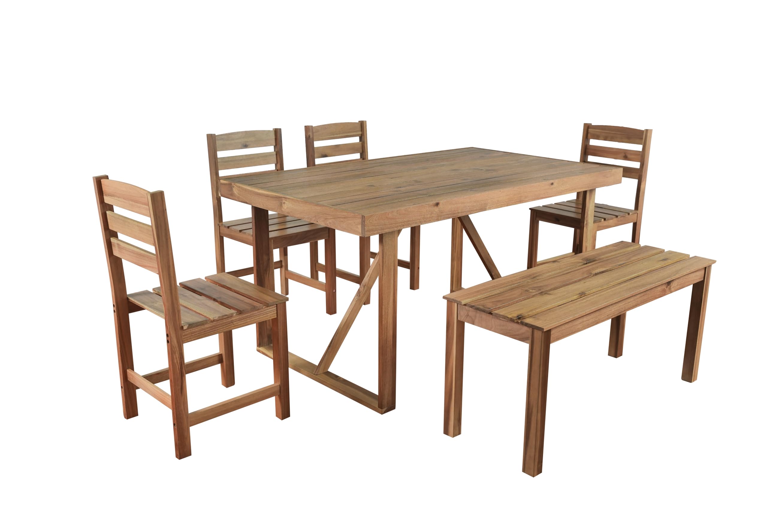 RuiSiSi 6 Piece Outdoor Dining Table Set with 4 Chairs and 1 Bench, Acacia Wood Outdoor Table and Chairs Set for 6 Persons, All Weather Patio Dining Table Set for Balcony, Backyard, Garden, Natural