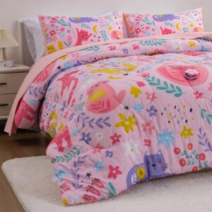 A Nice Night - for Kids Boys Floral Cats Printed on Pink Bedding Set,5Pcs Bed in A Bag Twin Size Comforter Set, Ultra Soft with Pillowcase (Pink)