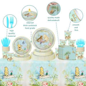 CAILESS Blue Winnie Bear Baby Shower Decorations, 156pcs Classic The Pooh Bear Baby Shower Party Supplies Included Plates Cups Napkins Cutlery Tablecloth Set Serves 25 Guests for Newborn Boy Birthday