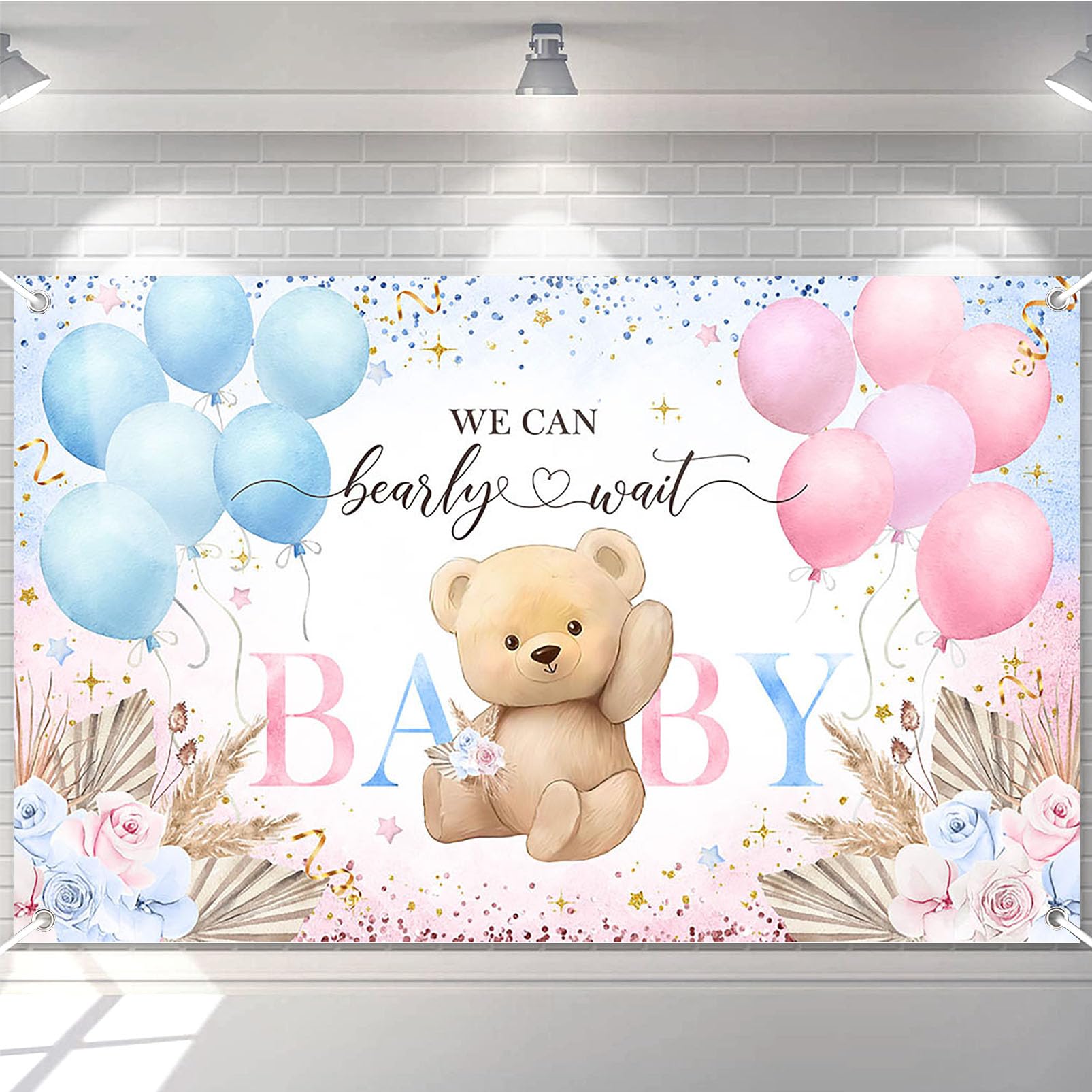 Avezano Boho Bear Gender Reveal Backdrop Banner Boho Floral We Can Bearly Wait Gender Reveal Decorations Pampas Grass He or She Baby Shower Party Decor 70.8 x 43.3 Inch