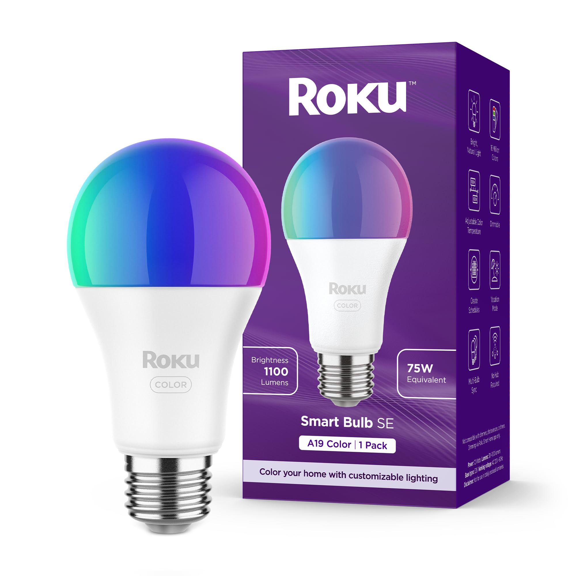 Roku Smart Light Bulbs (Color, 1-Pack) - Dimmable A19 Color Lightbulbs with Adjustable Brightness & Temperature - WiFi Smart Bulbs Works Voice, Alexa & Google Assistant - Smart Home Products