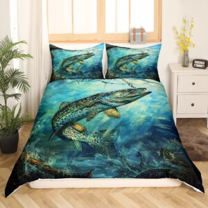 feelyou hunting and fishing pattern duvet cover big pike fishing bedding set for kids underwater animals theme comforter cover rustic farmhouse bedspread cover bedroom collection 2pcs twin size