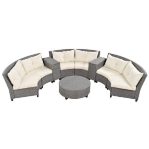 GLIFRON Patio Furniture Sets for 6 Person, Fan-Shaped Half-Moon Curved Outdoor Rattan Sofa with Cushions and Round Table for Porch Lawn Garden Backyard Poolside, Gray+Beige, 1