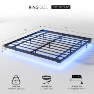 OLEVS Floating Bed Frame King Size with LED Lights and Charging Station - Metal Platform Bed Frame, No Box Spring Needed, Easy Assembly