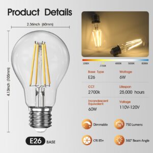 Dimmable A19 Clear LED Light Bulbs 60W Equivalent, 2700K Soft Warm White Light Bulbs 6W E26 Base, Antique Edison Bulbs for Living Room Bedroom Outdoor, 6Packs