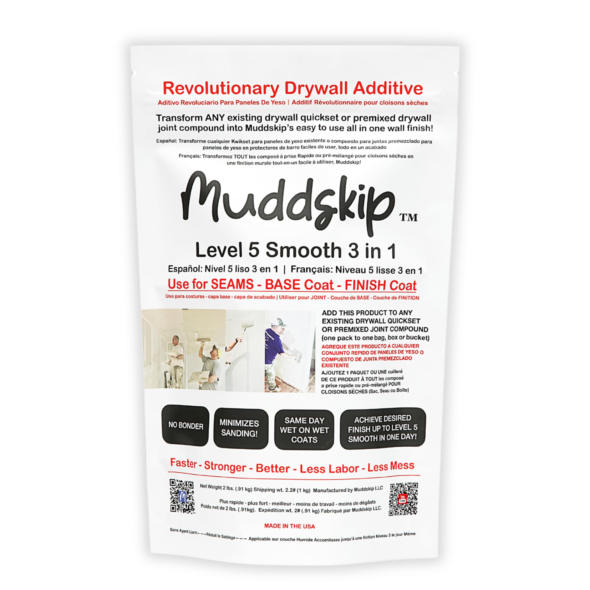 Muddskip Level 5 Smooth 3 in 1 Drywall Additive for Seams, Base & Finish Coats - Transforms Quickset or Joint Compound Into All in One Wall Finish – No Sanding, Same Day Wet On Wet Coats – 2 lb. Bag