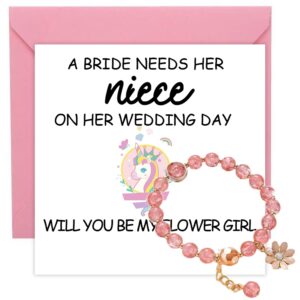 mkishine will you be my flower girl card for niece, flower girl gift, flower girl bracelet, flower girl proposal bracelet, bridal party proposal card from aunt uncle bride groom - niece flower girl