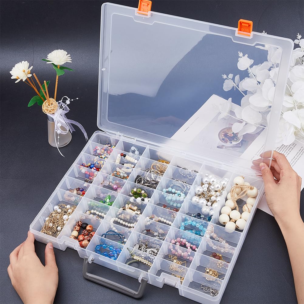 SUPERFINDINGS 48 Grids Compartment Organizer Box 14.05"x10.94" Large Plastic Organizer Box with Dividers White Arts Crafts Storage Containers with Handle for Cosmetics Jewelry Beads Snack Box