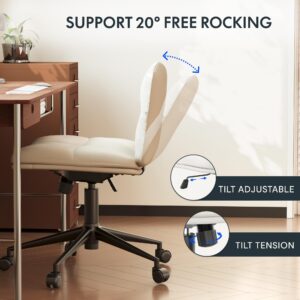 FLEXISPOT Cross Legged Office Chair Armless Desk Chair Comfy Wide Seat Criss Cross Chair with Wheels Vanity Chair for Living Room Bedroom Study Room(White Light Beige)