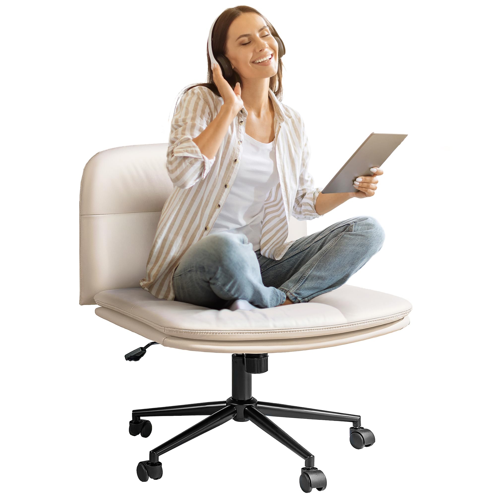 FLEXISPOT Cross Legged Office Chair Armless Desk Chair Comfy Wide Seat Criss Cross Chair with Wheels Vanity Chair for Living Room Bedroom Study Room(White Light Beige)