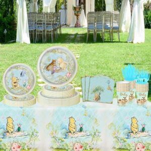 CAILESS Blue Winnie Bear Baby Shower Decorations, 156pcs Classic The Pooh Bear Baby Shower Party Supplies Included Plates Cups Napkins Cutlery Tablecloth Set Serves 25 Guests for Newborn Boy Birthday