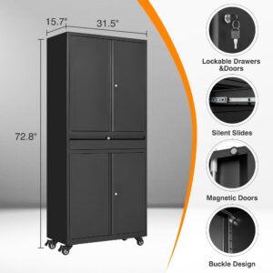 ZAOUS Metal Storage Cabinet, Heavy Duty Garage Cabinet on Wheels, 72'' Tall Storage Cabinets Tool Cabinet with Doors and Shelves for Home Office Utility Room, Black