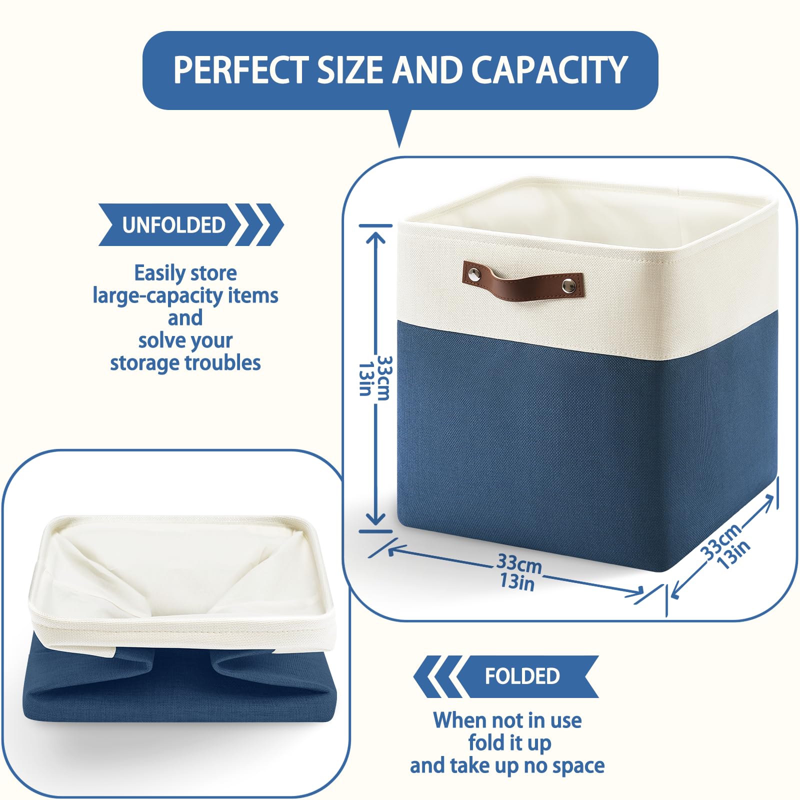 Patvingot 13 Inch Cube Storage Bins,Set of 4 , Foldable Storage Basket with PU Handles for Organizing Home, Closet,Clothes, Toy, Book,Laundry,Office, Organizers for Shelves (White&Blue)