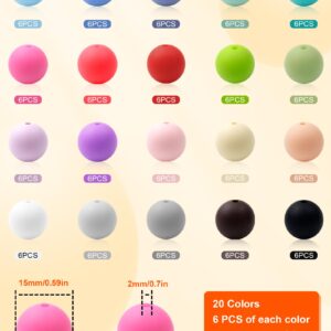 120PCS FIVEIZERO Silicone Beads, 20 Colors 14,15mm Silicone Beads Focal Beads Rubber Round Beads Mixed Color Silicone Beads Bulk for DIY and Keychain Accessories Silicone Beads Crafts Making