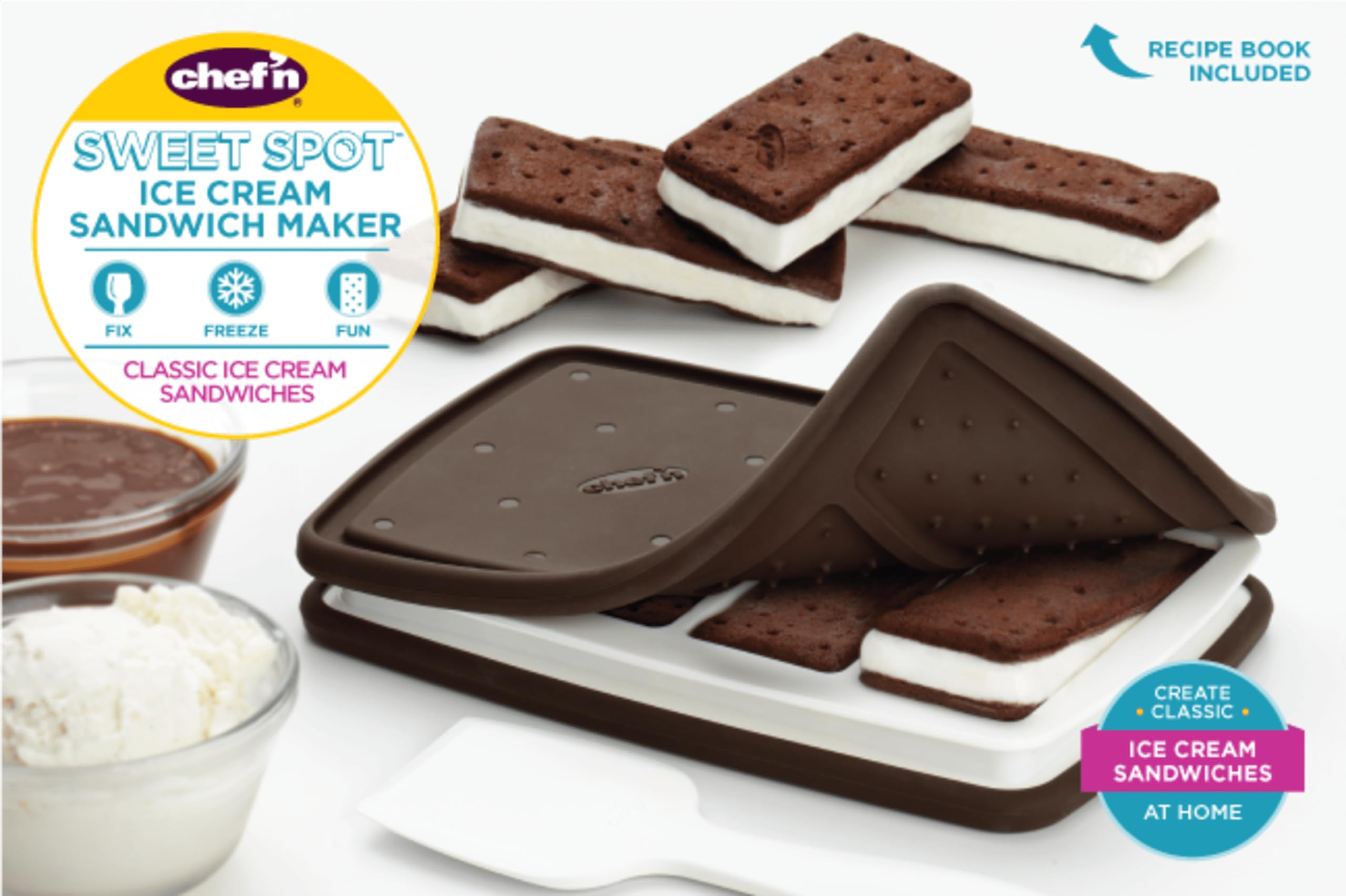 Chef'n Sweet Spot Ice Cream Sandwich Maker - Set of 2, Brown | Craft Homemade Ice Cream Sandwiches with Ease | Gift for Family Fun and Parties