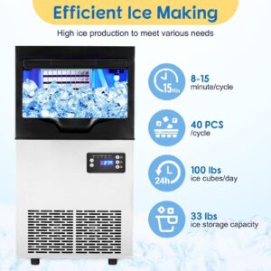 Zstar Commercial Ice Maker Machine, 110LBS/24H Under Counter Ice Maker, Freestanding Ice Machine w/33LBS Ice Storage, LCD Controller, Self Cleaning, Stainless Steel Large Ice Maker for Restaurant Home