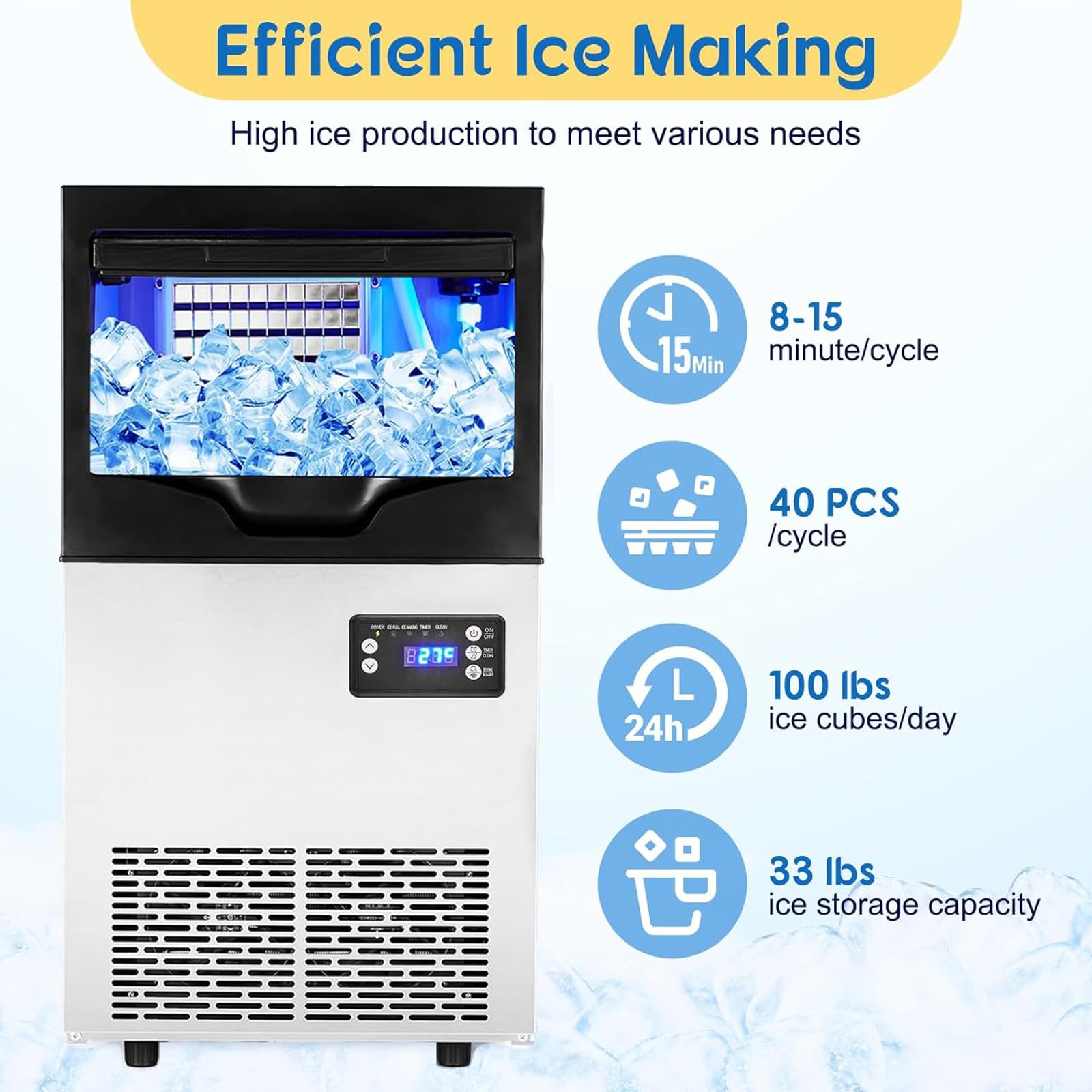 Zstar Commercial Ice Maker Machine, 110LBS/24H Under Counter Ice Maker, Freestanding Ice Machine w/33LBS Ice Storage, LCD Controller, Self Cleaning, Stainless Steel Large Ice Maker for Restaurant Home