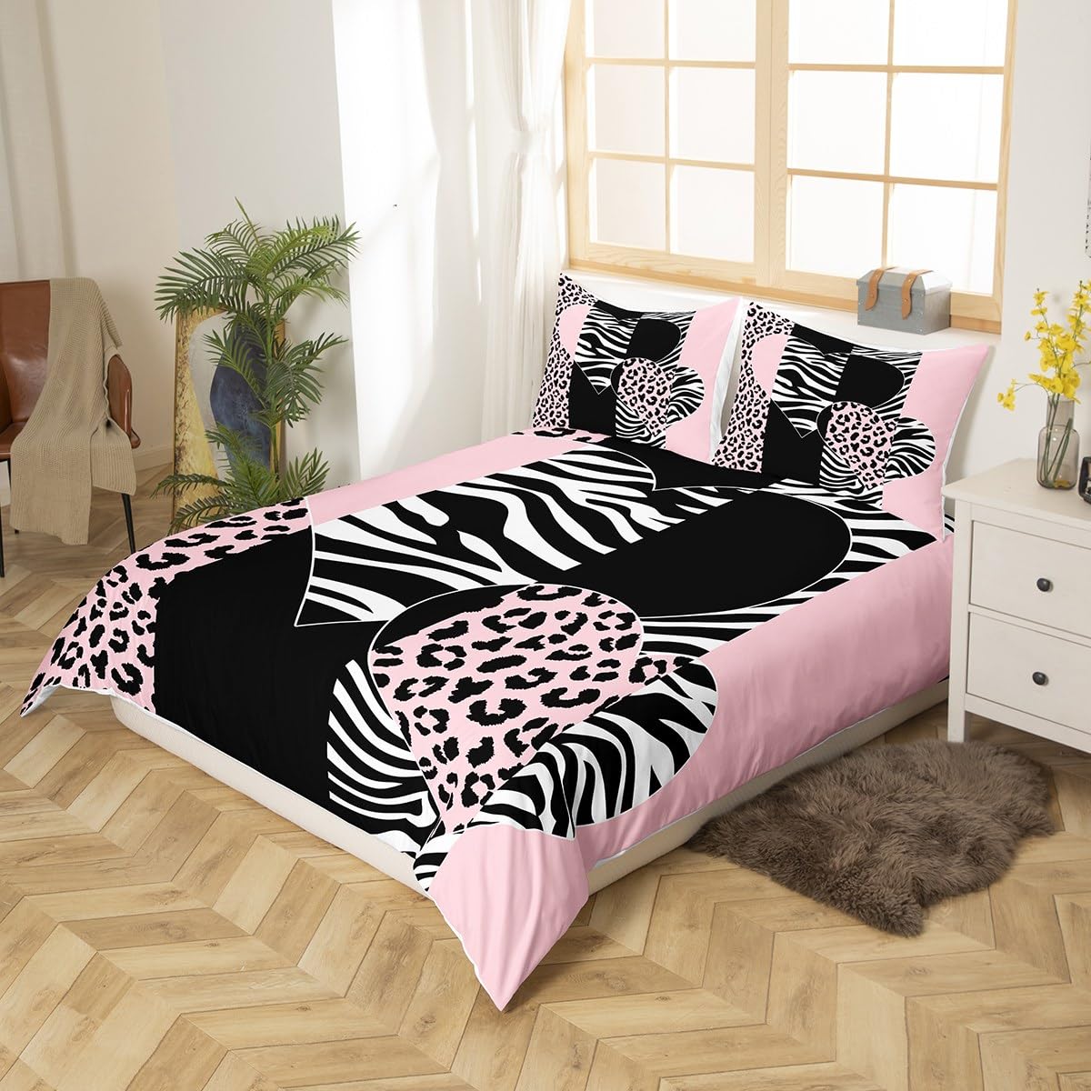 Leopard Print Duvet Cover Set Queen Size,Zebra Skin Texture Bedding Set 3Pcs,Kids Girls Teens Room Decor,Striped Fashion Comforter Cover,Pink Black White Love Printed Bedspreads Cover,2 Pillowcases