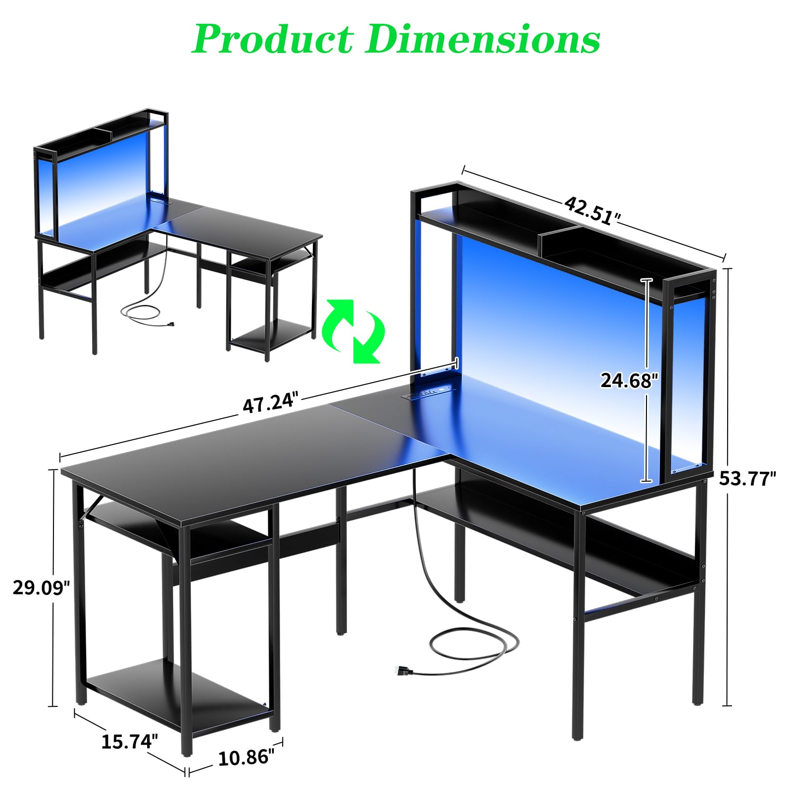 Hyomdeck L Shaped Computer Desk with Hutch and Storage Shelves, Gaming Desk with LED Lights, Reversible L-Shaped Desk with Power Outlets, Home Office Desk, Corner Desk, Black