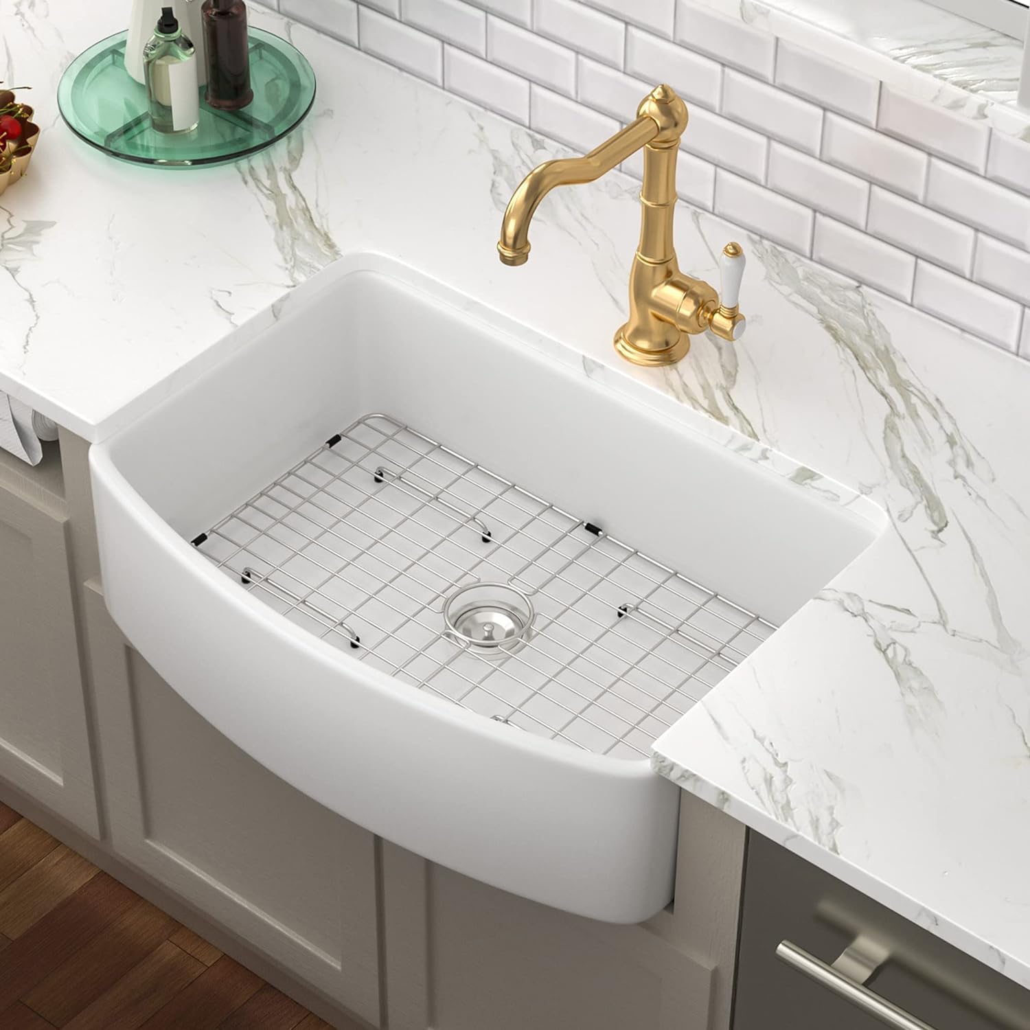 Lordear 30 White Farm Sink 30 inch Farmhouse Sink White Fireclay Ceramic Porcelain Curved Apron Front Single Bowl Farm Kitchen Sink Basin