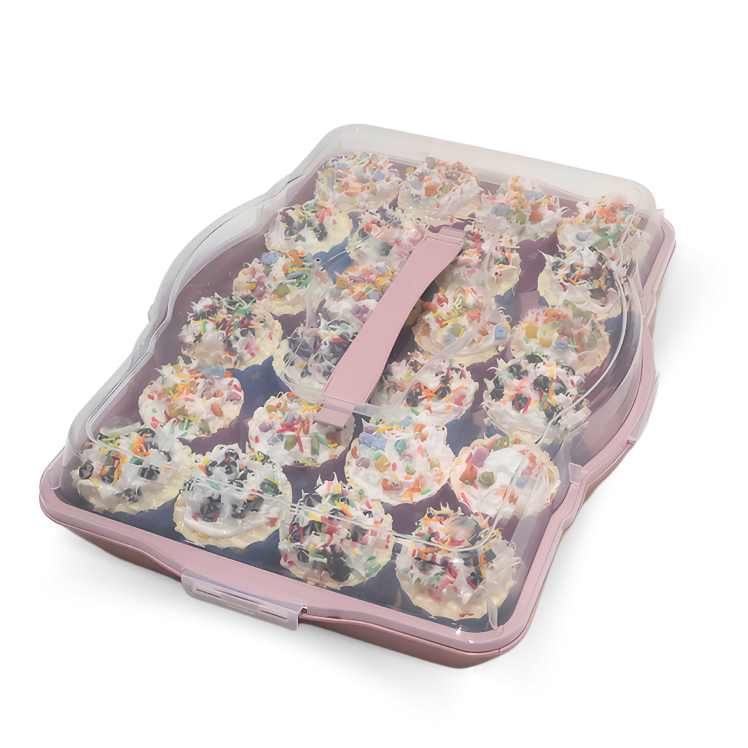 Cupcake Cake Muffin Tray Carrier, 4 in 1 Casserole Containers Holder with Lid, Pie Cupcake Carrier 24 Count, Travel Storage, Versatility Round Square Rectangular Oven Tray Carrying (Matte Pink)