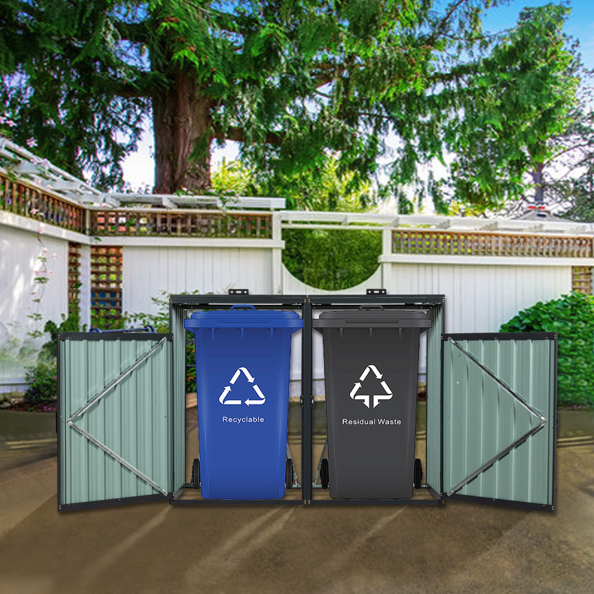 Metal Outdoor Garbage Bin Storage Shed, Rpuzonier Trash Bin Storage Shed with Doors and Lifting Lids, Tool Storage Shed for Garden Yard Lawn (for 2 Cans)