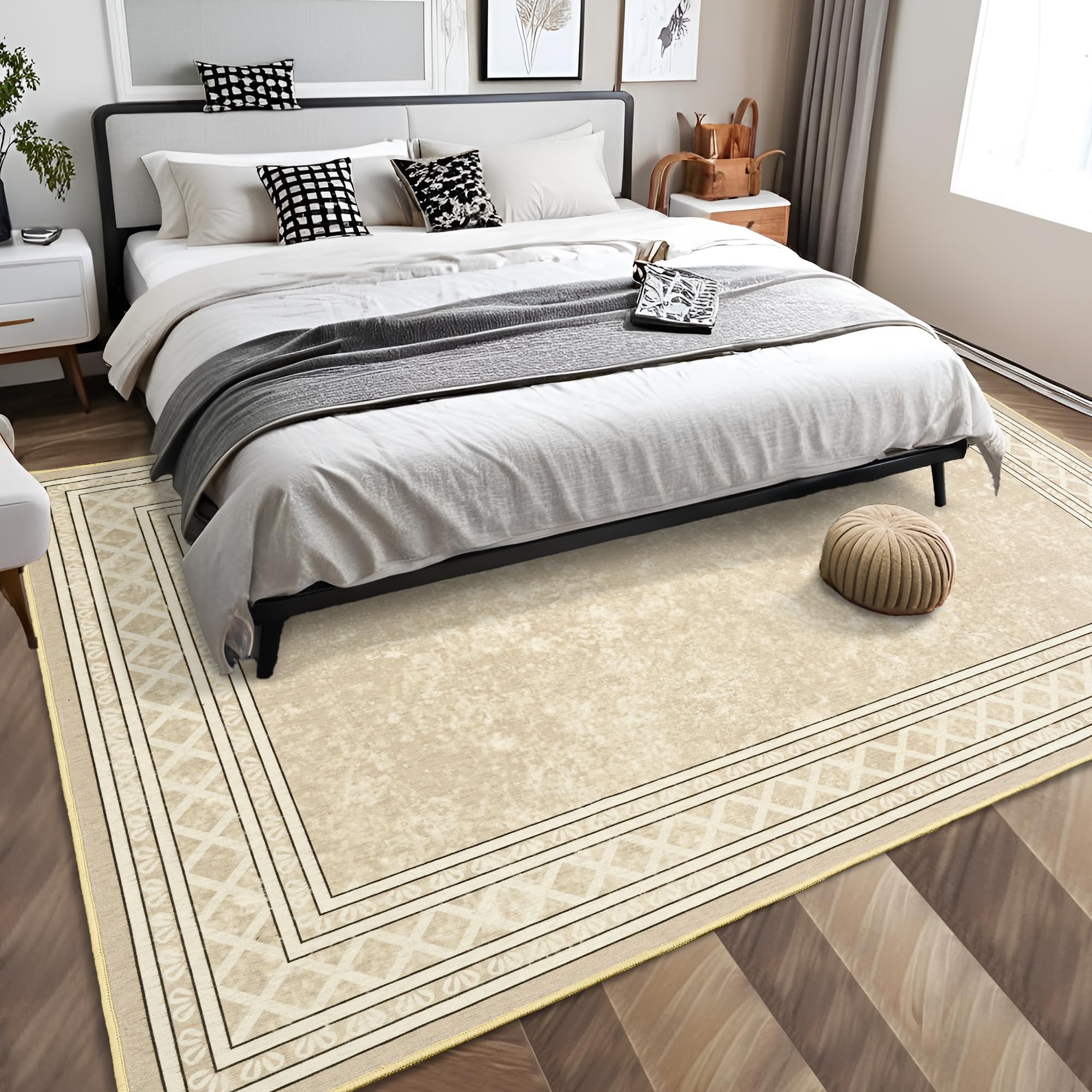 Tepook Modern Bordered 4x6 Area Rugs for Bedroom Aesthetic, Indoor Machine Washable Rugs for Living Room, Low Pile Throw Rugs with Rubber Backing for Office Dining Room Kitchen, Beige