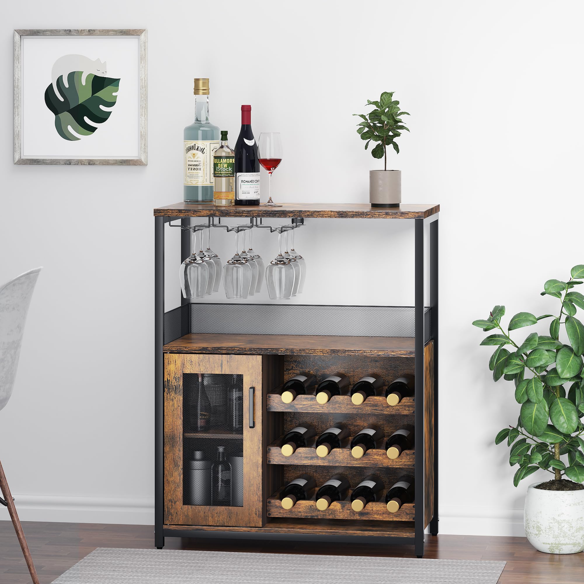 IDEALHOUSE 3-Tier Wine Bar Cabinet with Detachable Wine Rack and Storage Space, Buffet Cabinet with Glass Holder and Mesh Door, for Kitchen, Living Room and Bar (Rustic Brown)