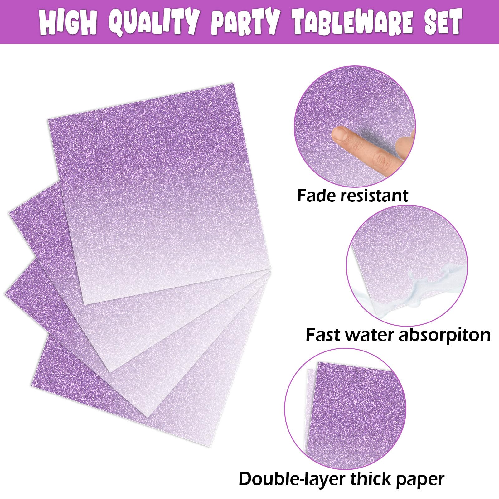 96Pcs Ombre Purple Party Decorations Supplies for Birthday Tableware Set Light Pastel Purple Paper Plates Napkins Forks for 24 Guests Wedding Anniversary Lavender Dinnerware Table Party Favors