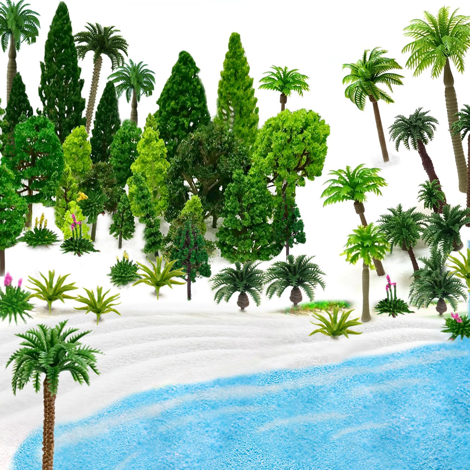 QuarenDen Model Trees, Miniature Trees, 38Pcs, Architecture Trees, Palm Trees with Sand for DIY Scenery Landscape, Model Train Scenery