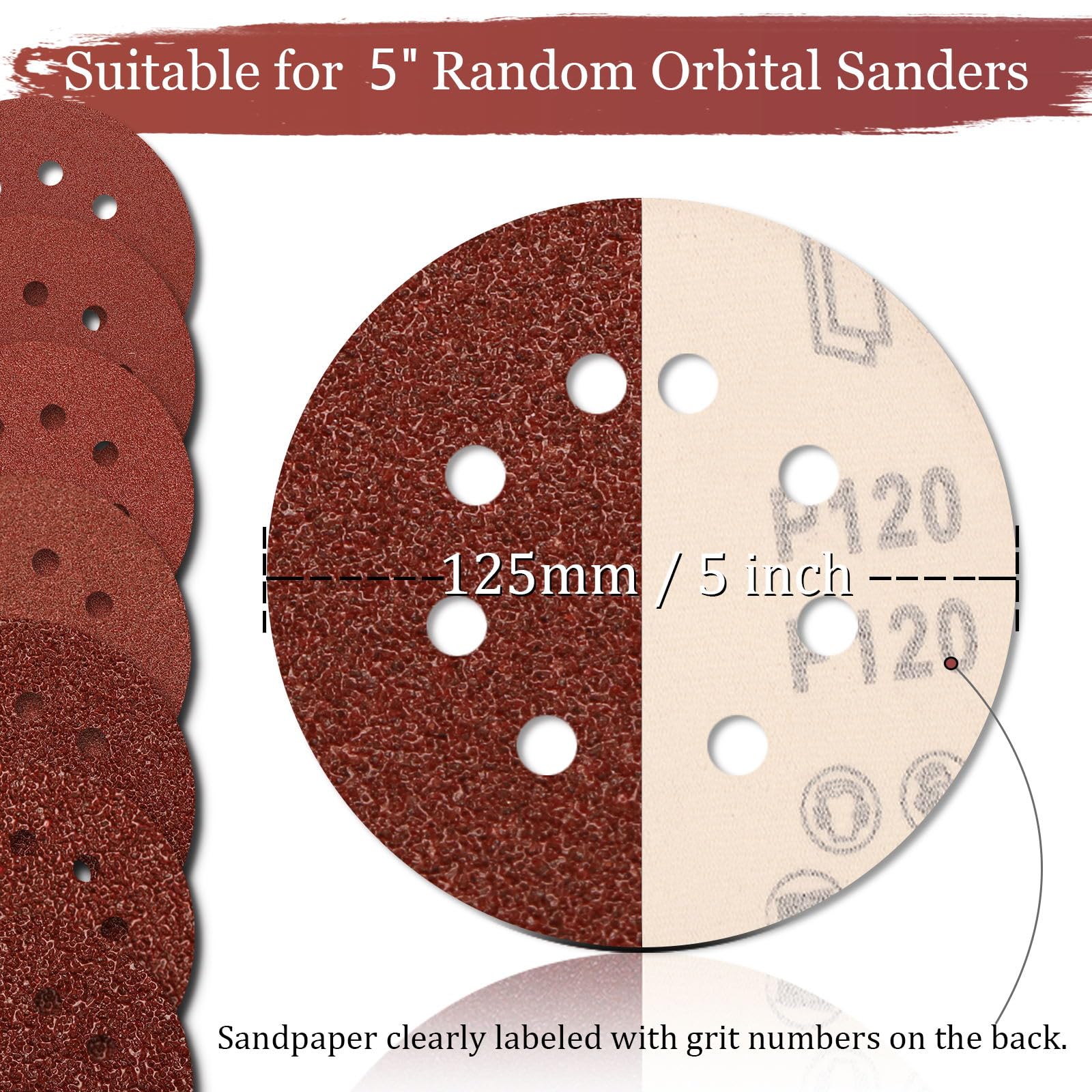 Szarint 5 Inch Sanding Discs Hook and Loop, 70 PCS 8 Hole Sandpaper Include 40, 60, 80, 120, 180, 240, 320 Grit for Random Orbital Sander