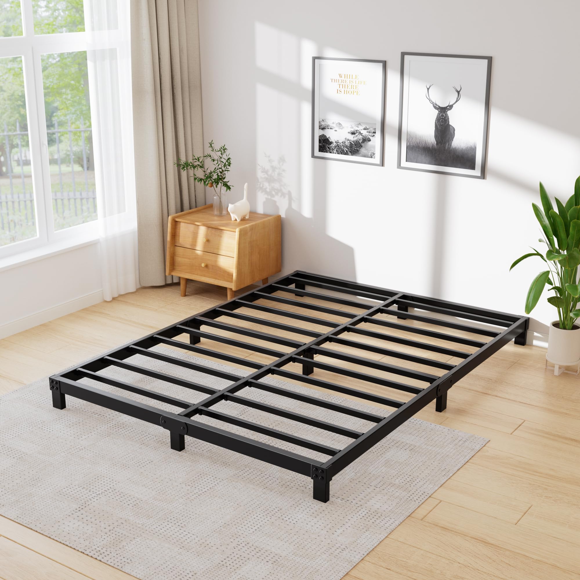 LECEVOCY Queen Bed Frame - 4 Inch Platform Low Bed Frame, 3600lbs Heavy Duty Metal Bed Frame, Queen Bed Frame No Box Spring Needed - Easy Assembly and Noise Free