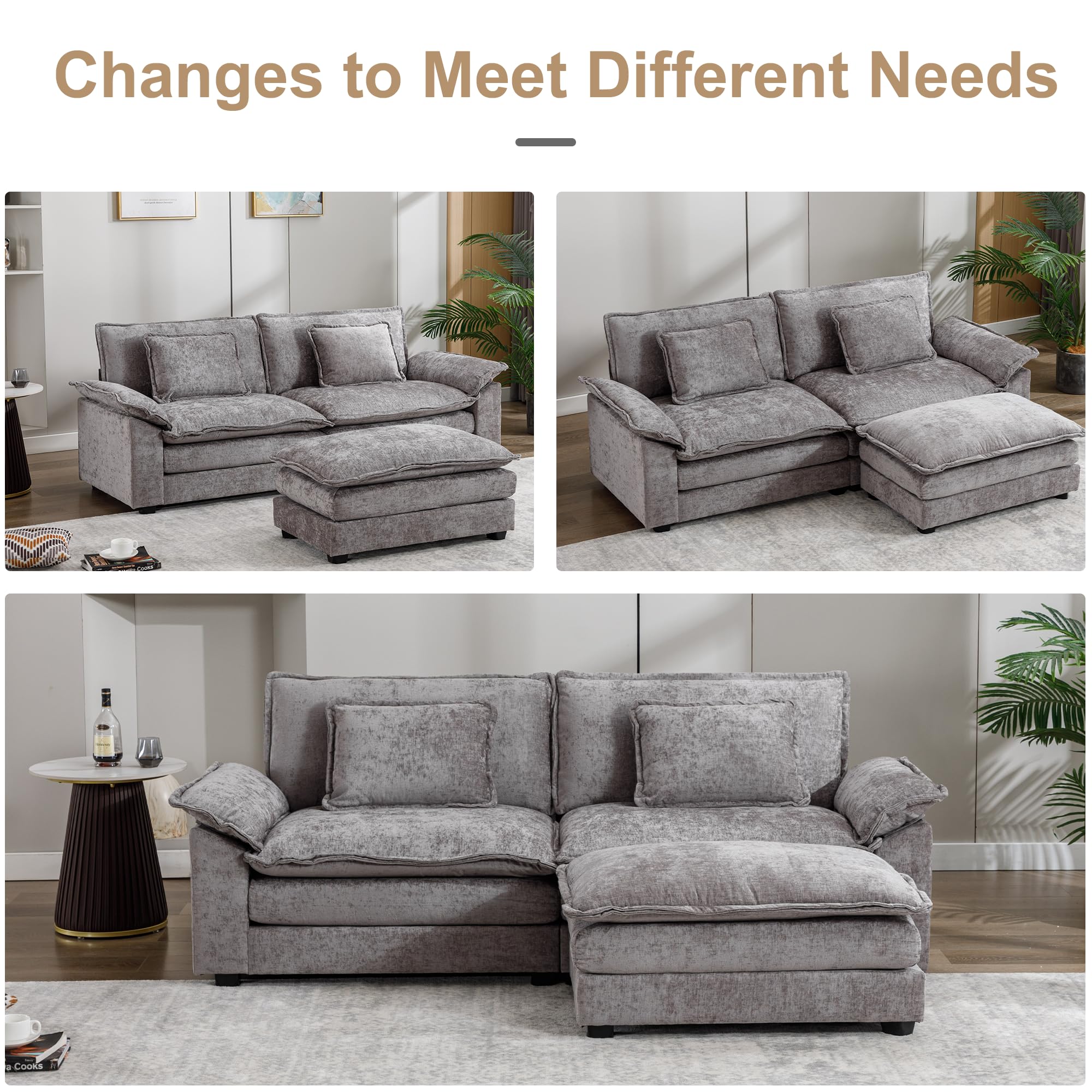 OQQOEE Sectional Sofa Cloud Sofa Couch with Ottoman,Modern Chenille Sofa Sleeper,Comfy Deep Seat Loveseat Sofa with Pillows for Living Room, Apartment (Chenille Grey, 2-Seater)