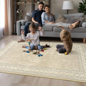 Tepook Modern Bordered 4x6 Area Rugs for Bedroom Aesthetic, Indoor Machine Washable Rugs for Living Room, Low Pile Throw Rugs with Rubber Backing for Office Dining Room Kitchen, Beige