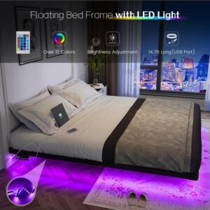 OLEVS Floating Bed Frame King Size with LED Lights and Charging Station - Metal Platform Bed Frame, No Box Spring Needed, Easy Assembly