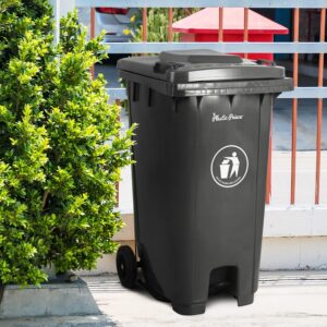 PLASTIC PRINCE 65 Gallon Step-On Rollout Trash Can with Lid, Commercial Heavy-Duty Container with Wheels, Gray